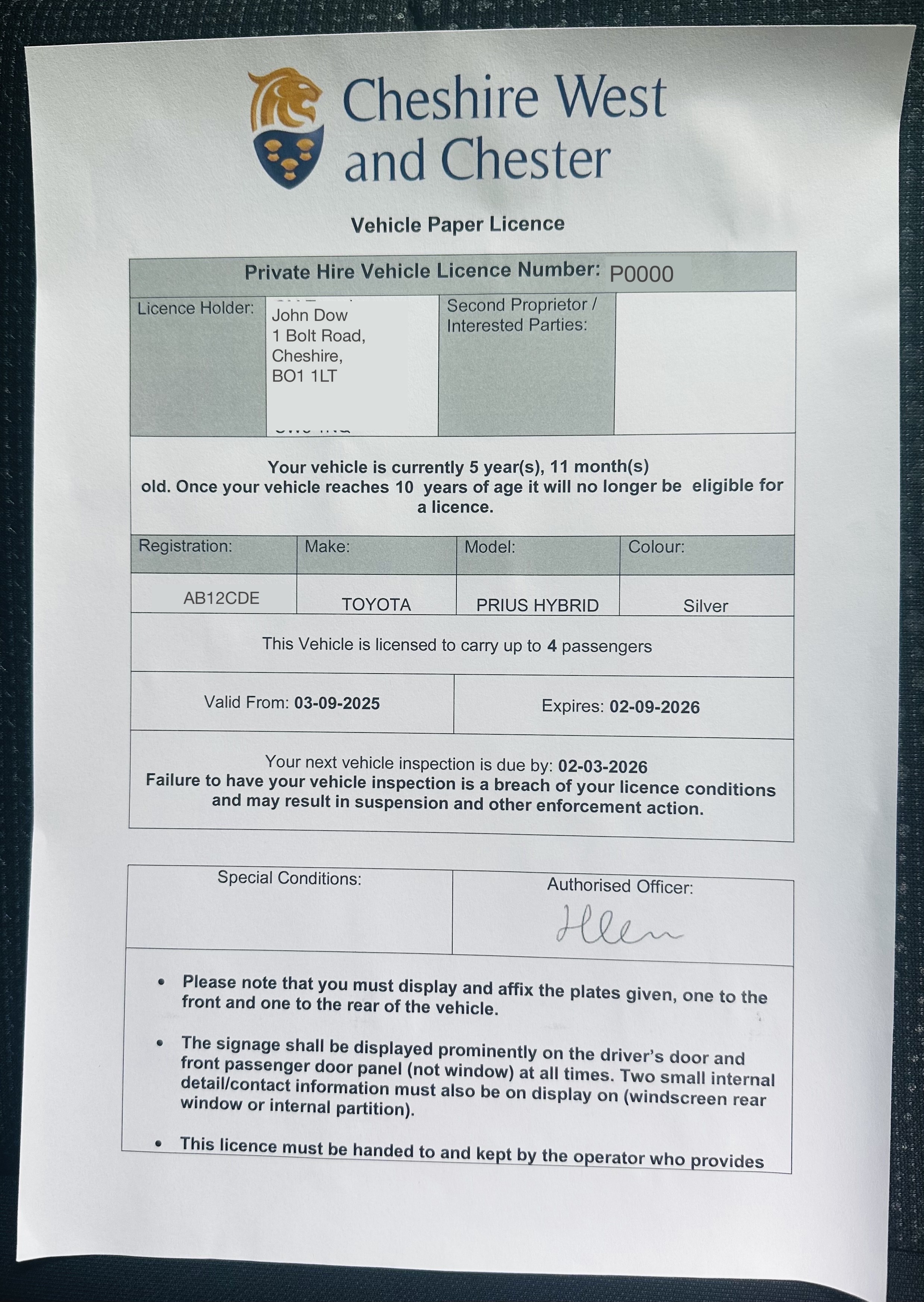 Private Hire Vehicle Licence