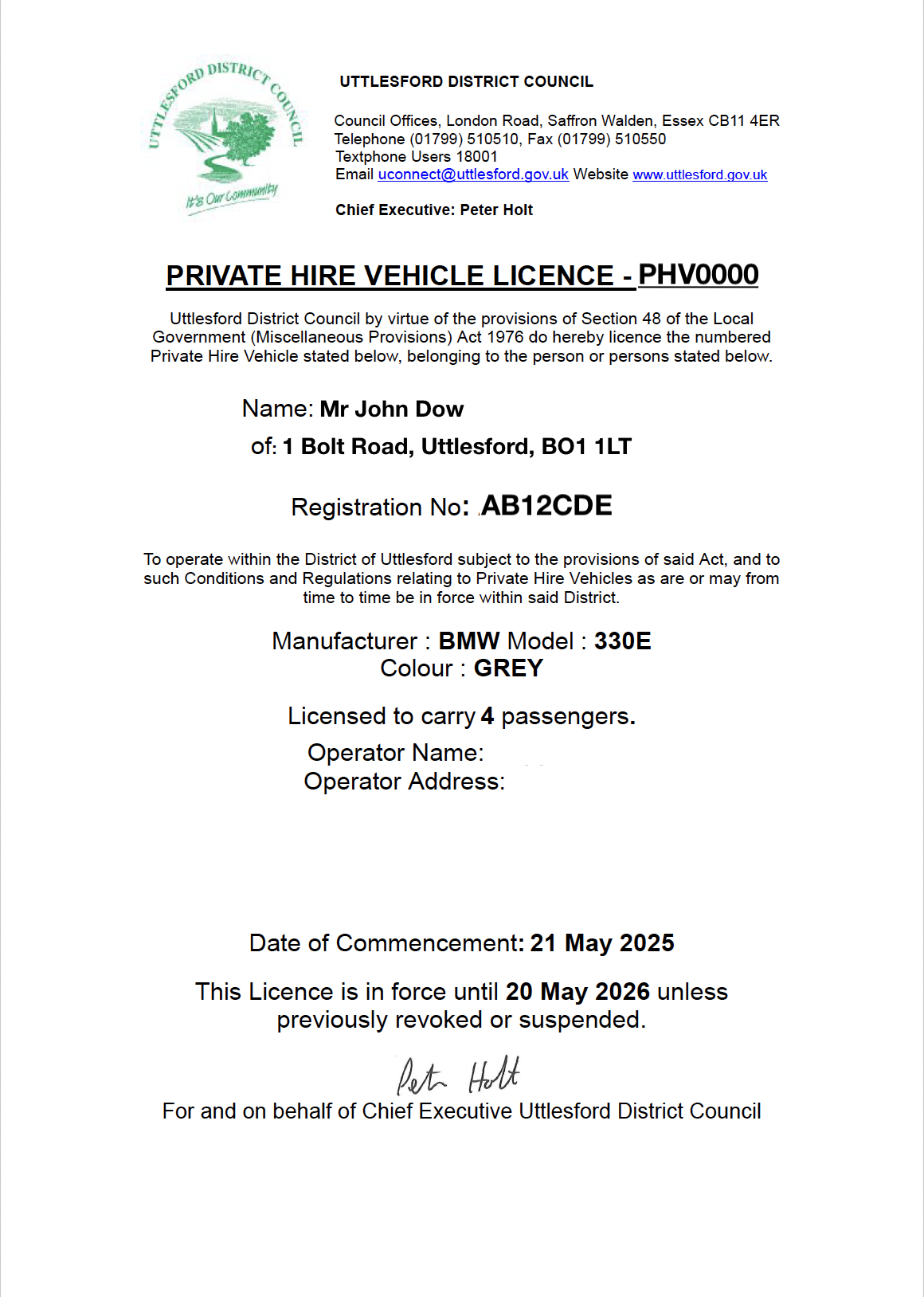 Private Hire Vehicle Licence