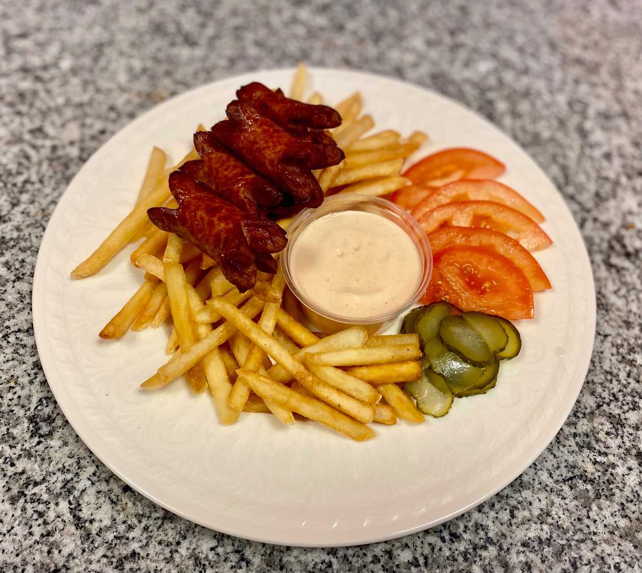 French Fries with Frankfurter Sausages