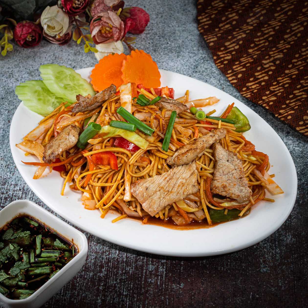 Yellow Noodles With Pork And Vegetables