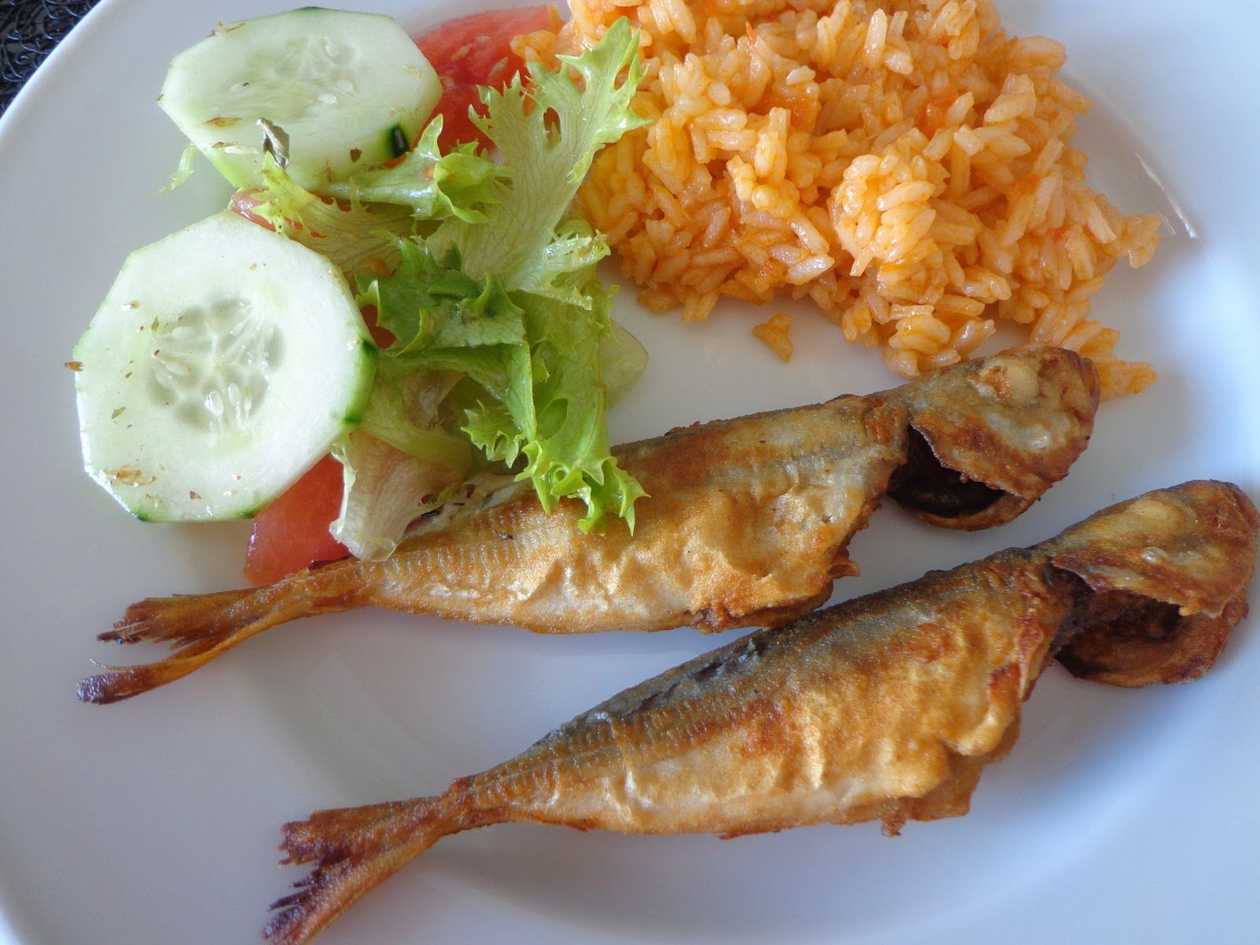 Fried Small Horse Mackerel with Tomato Rice
