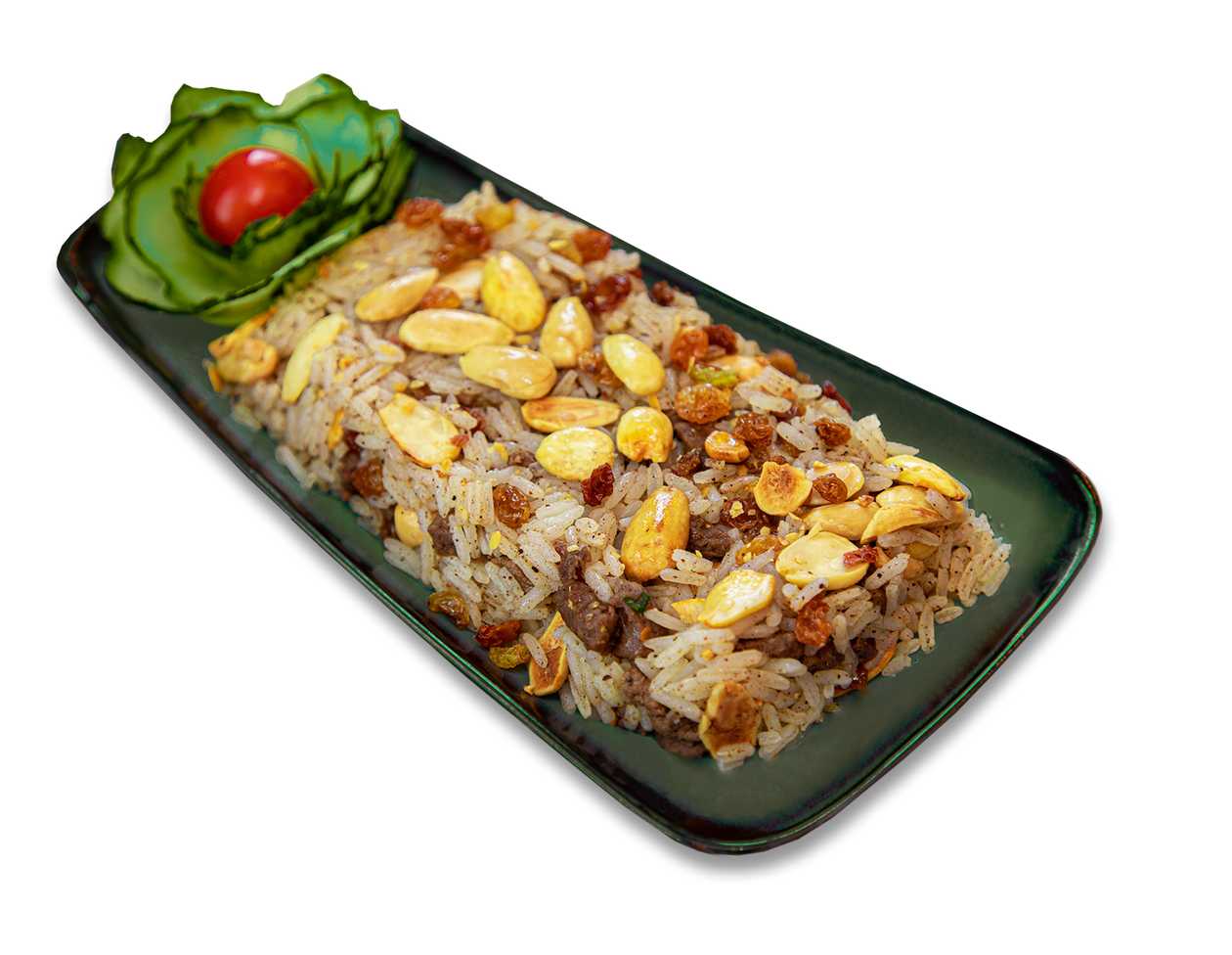 Orez cu carne,migdale si stafide