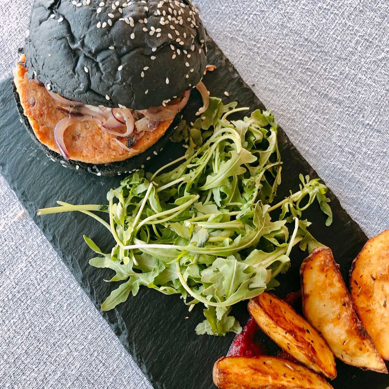 Artisanal Salmon Burger on Squid Ink Bread