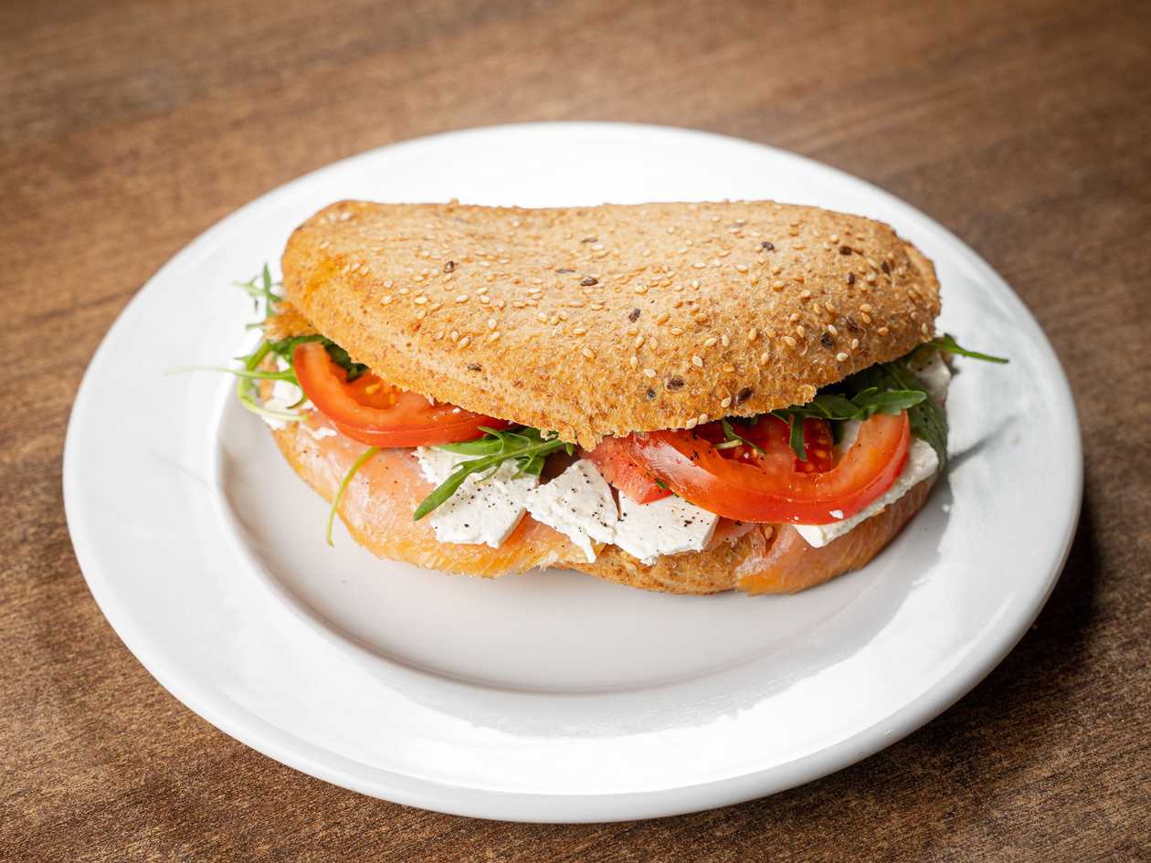 Salmon, Feta Cheese, Tomato And Rucola Ftira