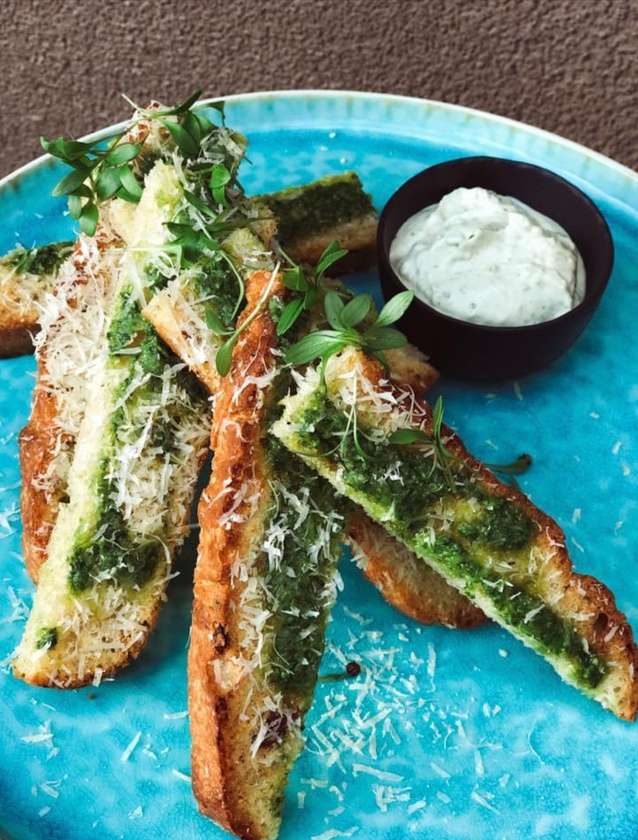 Homemade toast with pesto
