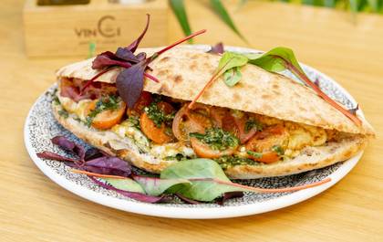 Panini with Omelette, Bacon, Tomato and Pesto