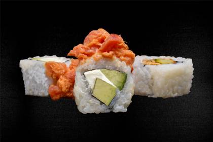 20+. Pink tuna, cucumber, avocado, Philadelphia cheese, Karai sauce