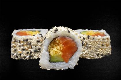 14. Salmon, tempura, cucumber, white and black sesame