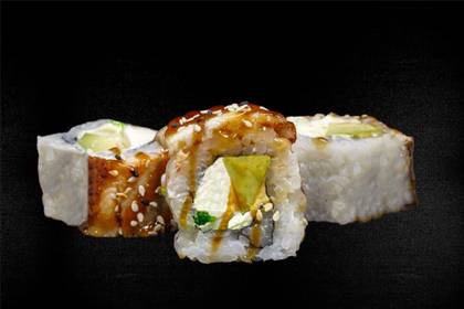 19. Eel, avocado, cream, green caviar, Teriyaki sauce