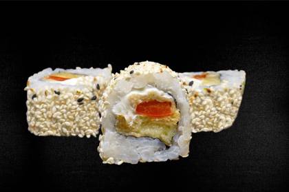 11. Bell pepper, eggplant, white and black sesame, Philadelphia cheese