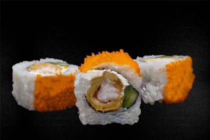 16. Fried shrimp, cucumber, orange caviar, philadelphia cheese