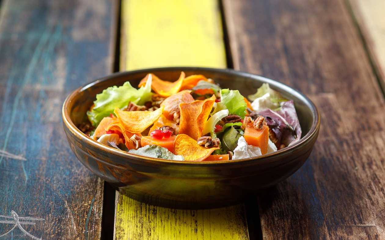 Goat Cheese Salad with Sweet Potatoes, Nuts and Pomegranate
