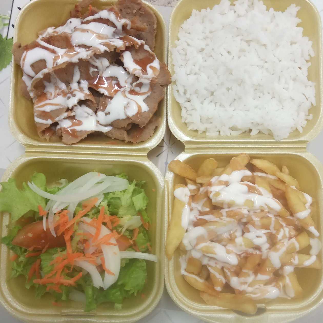 Kebab de Vaca e Frango, Arroz, Batata e Salada