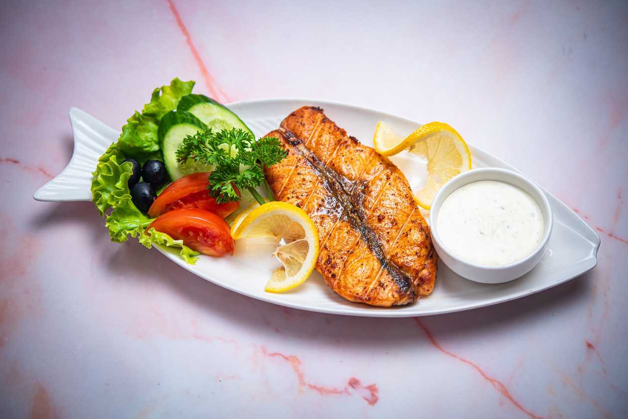 Grilled Salmon Shashlik with Fresh Vegetables