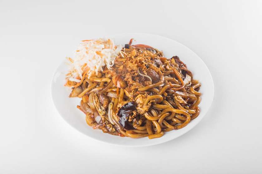 Pan fried udon noodles with duck