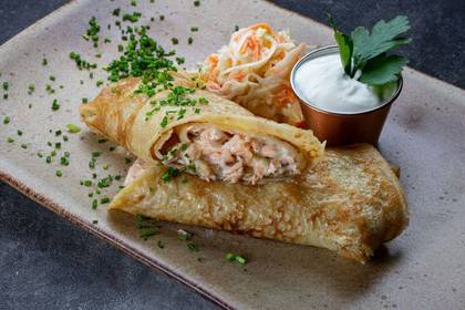 Pancake with Baked Salmon Fillet