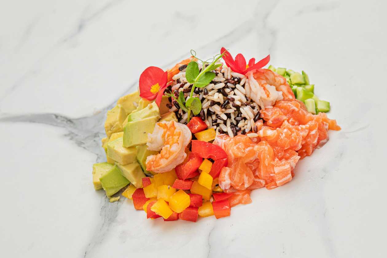 Poke Bowl With Prawns And Fresh Salmon