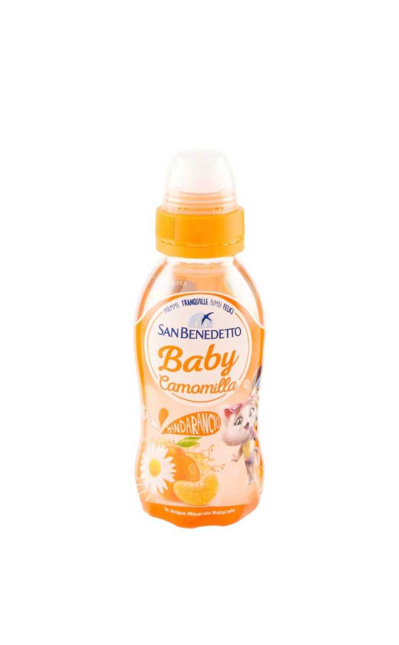 SanBenedetto Baby.Bezalkoholisks dzēriens, kas izgatavots no kumelītēm ar mandarīnu apelsīnu garšu un cukuru.250ml