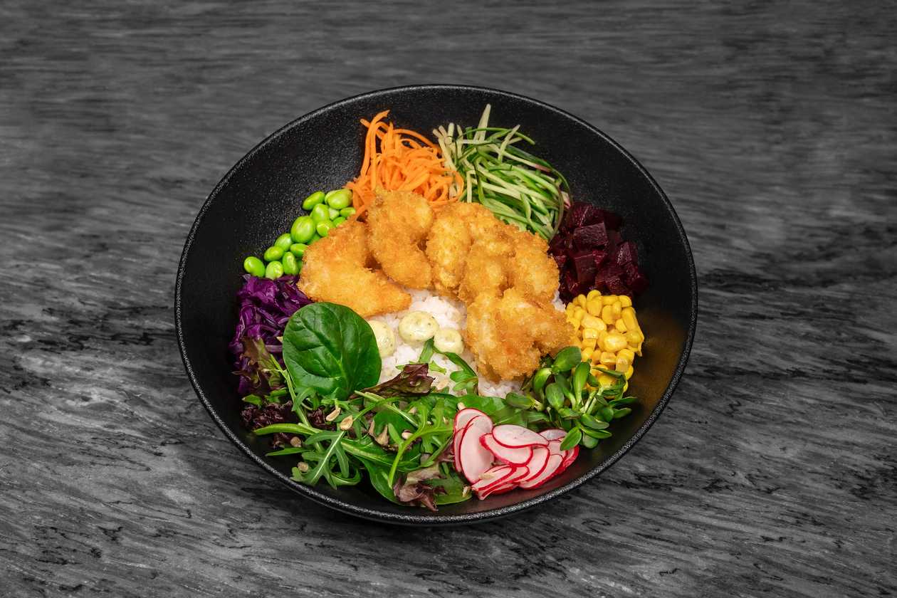 Bowl su traškiomis krevetėmis (ryžių dubuo)