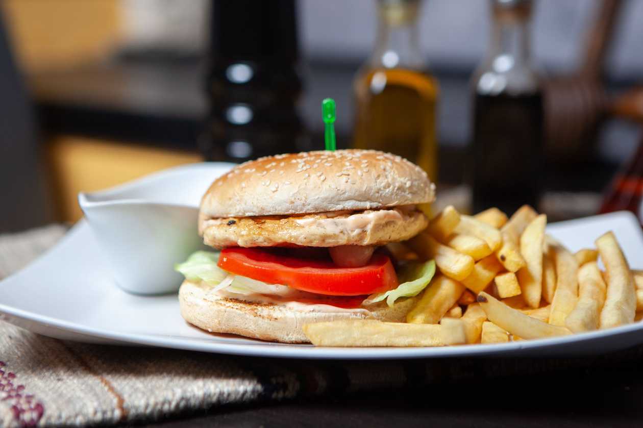 Burger with french fries and sauce