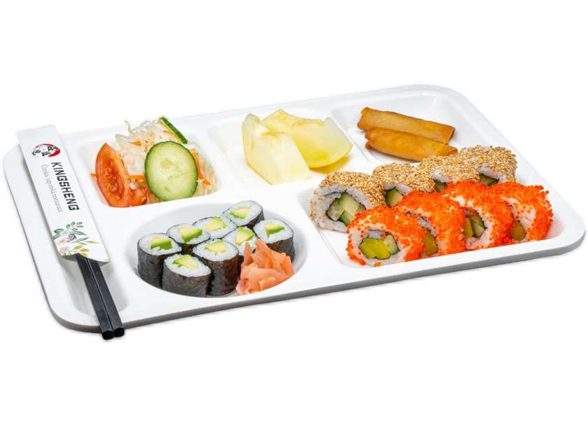 Caviar roll (salmon, avocado, crab, cucumber) 4pcs, California sesame roll (salmon, avocado, crab, cucumber) 4pcs, avocado maki 8pcs, mini rolls, Chinese salad, fruit