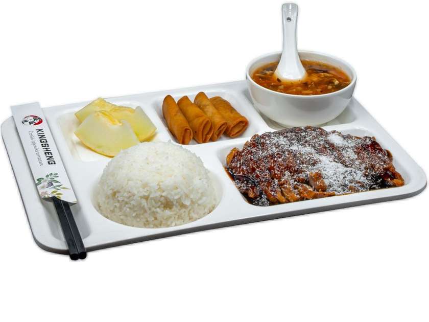 Honey chicken, mini rolls, rice, spicy soup, fruit