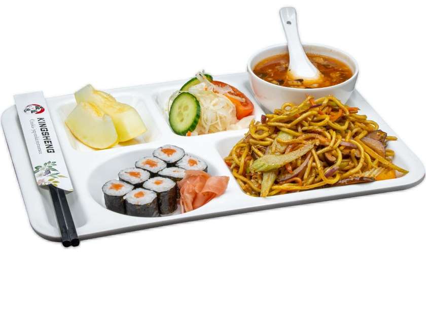 Salmon maki 8pcs, fried noodles with chicken, spicy soup, Chinese salad, fruit