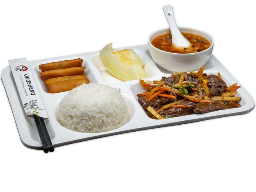 Sichuan beef, spicy soup, mini rolls, rice, fruit