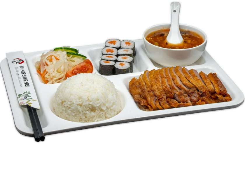 Salmon maki 8pcs, fragrant and crispy duck, rice, spicy soup, Chinese salad