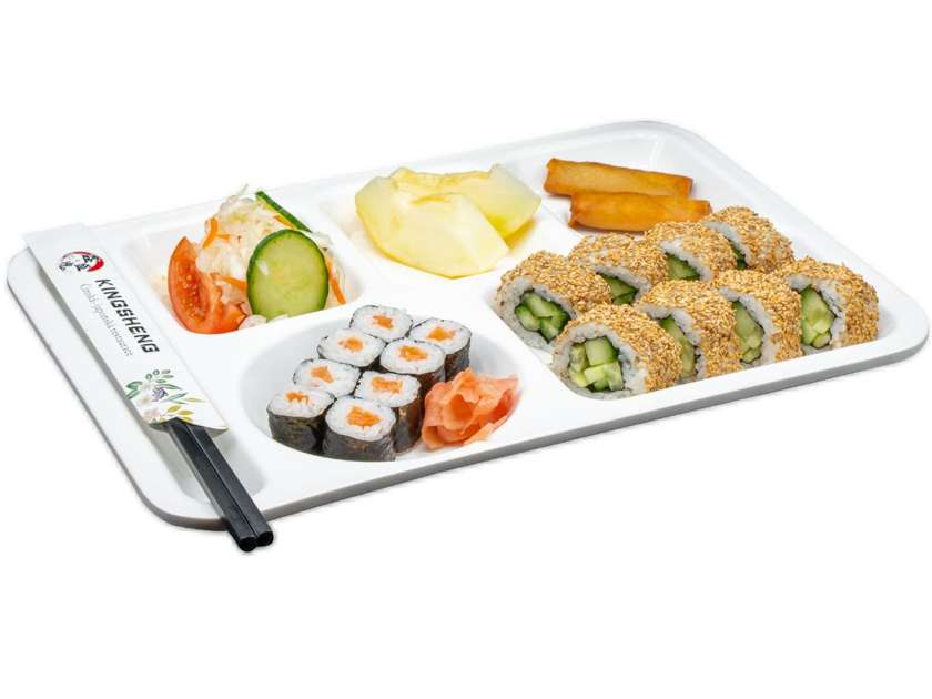 California sesame roll (salmon, crab, cucumber, avocado) 8pcs, salmon maki 8pcs, mini rolls, Chinese salad, fruit