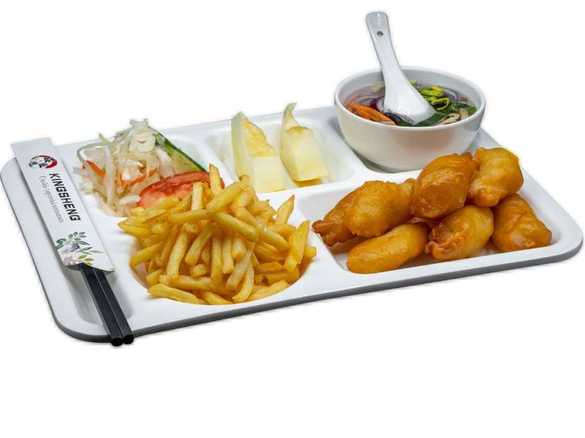 Chicken pieces, fries, vegetable soup, Chinese salad, fruit