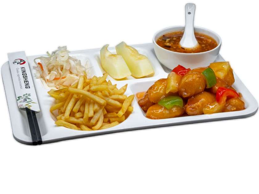 Chicken in sweet and sour sauce, fries, spicy soup, Chinese salad, fruit