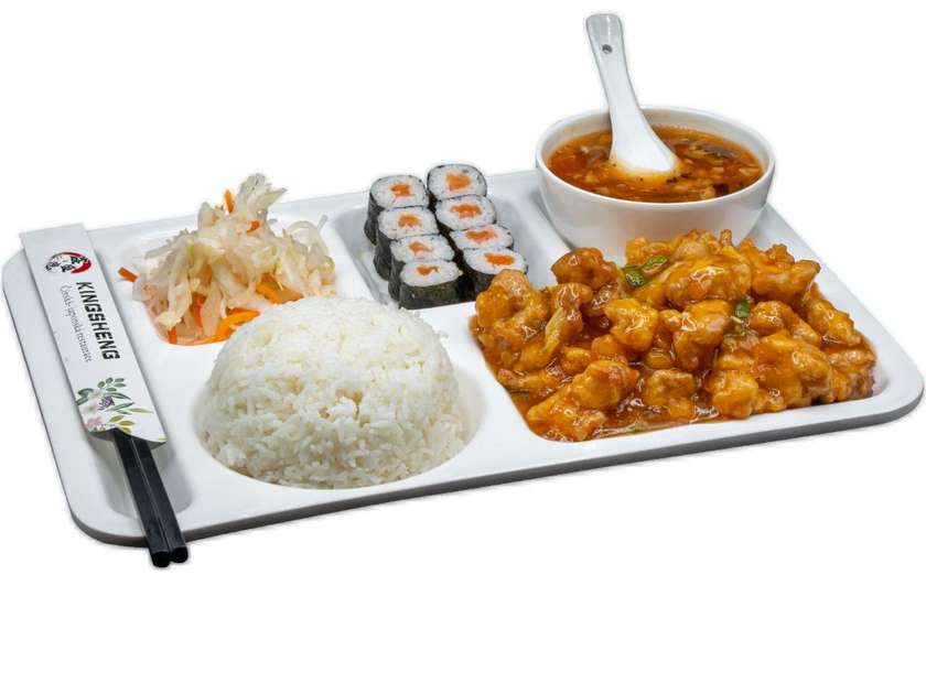 Salmon maki 8 pcs, Chuhan style chicken, rice, spicy soup, Chinese salad