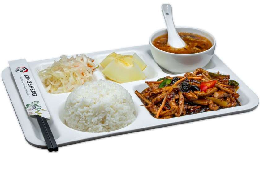 Spicy pork floss "Yu-Xiang", rice, spicy soup, Chinese salad, fruit