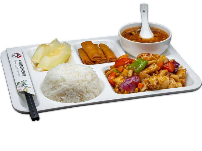 Kung Pao chicken, mini rolls, rice, spicy soup, fruit