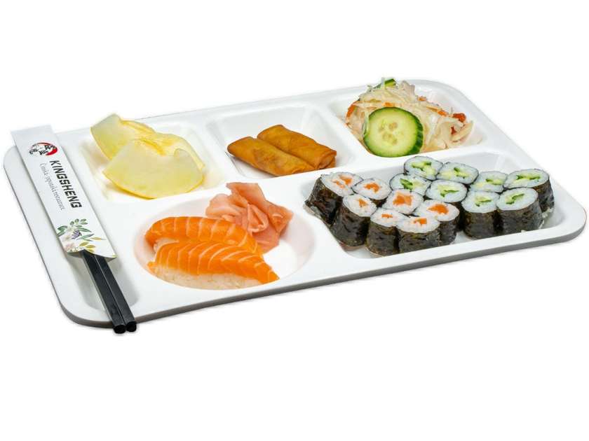 Salmon maki 8pcs, cucumber maki 8pcs, salmon nigiri 2pcs, mini rolls, Chinese salad, fruit