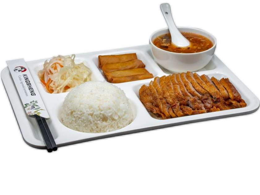 Fragrant and crispy duck, mini rolls, rice, spicy soup, Chinese salad