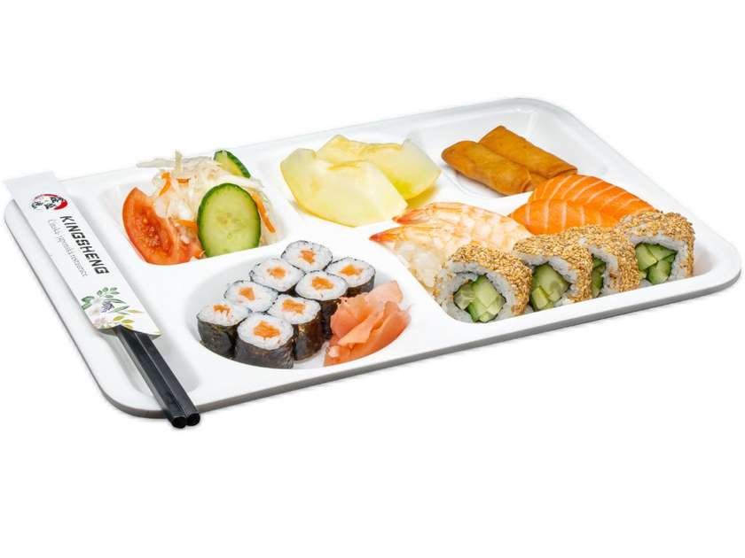 California sesame roll (salmon, crab, cucumber, avocado) 4pcs, salmon maki 8pcs, mini rolls, Chinese salad, fruit