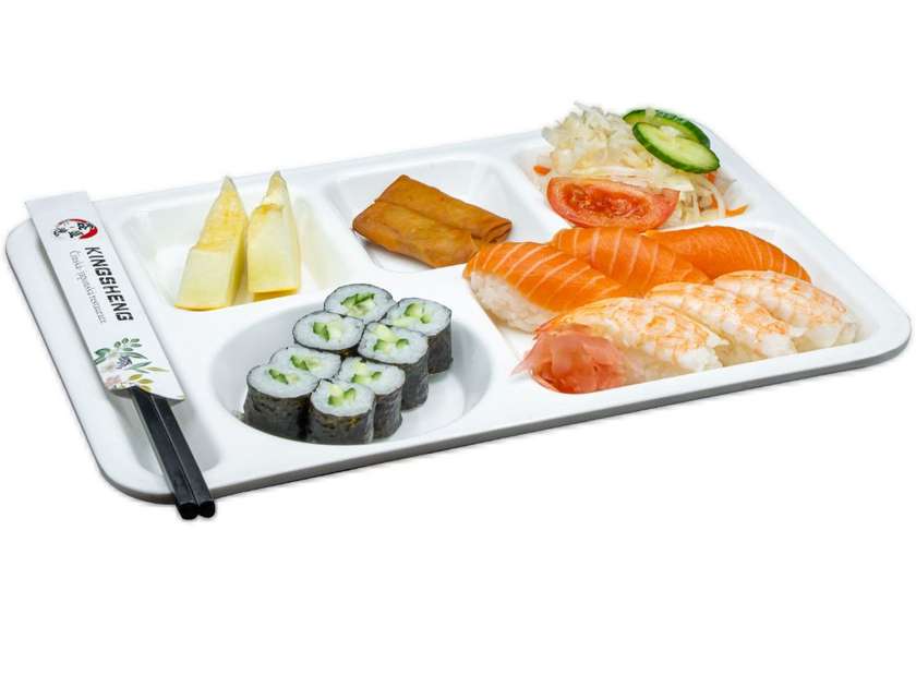 Salmon nigiri 3pcs, ebi nigiri 3pcs, cucumber maki 8pcs , mini rolls, Chinese salad, fruit
