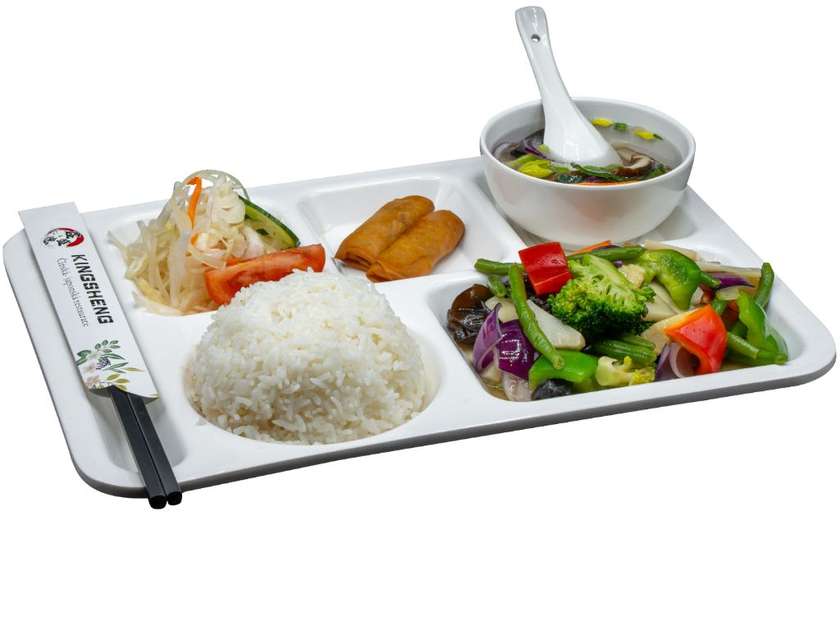 Mixed vegetables, rice, vegetable soup, Chinese salad, mini rolls