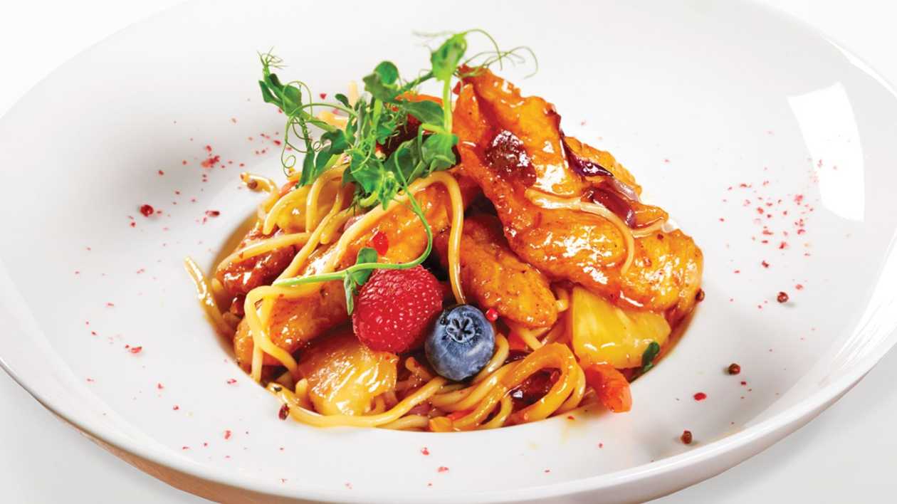 Japanese noodles with turkey fillet strips