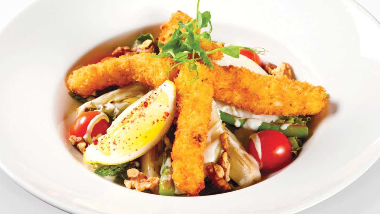 Salad with atlantic cod fillet