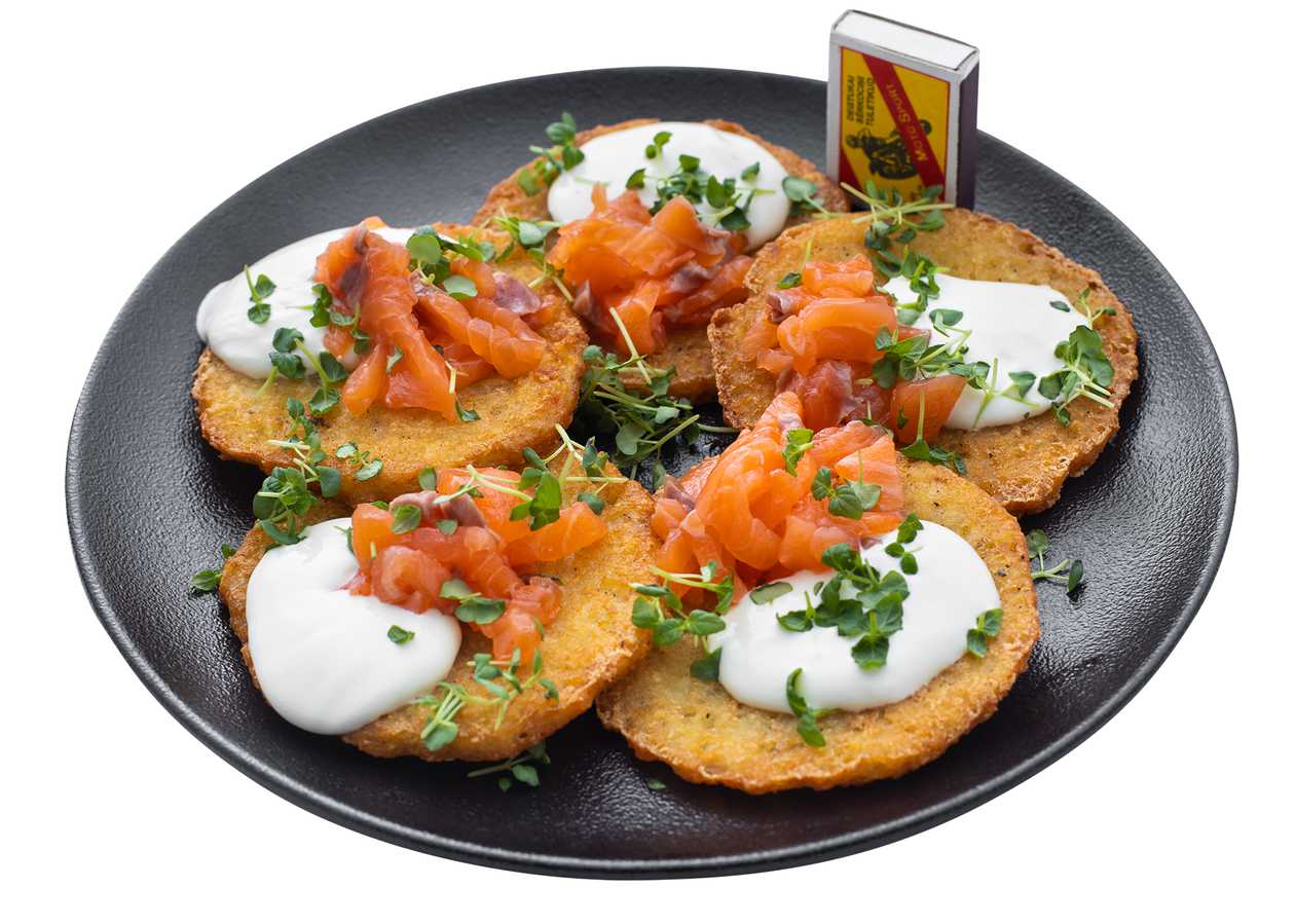Potato pancakes with lightly salted salmon
