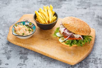 Beef Burger with Coleslaw Salad and French Fries