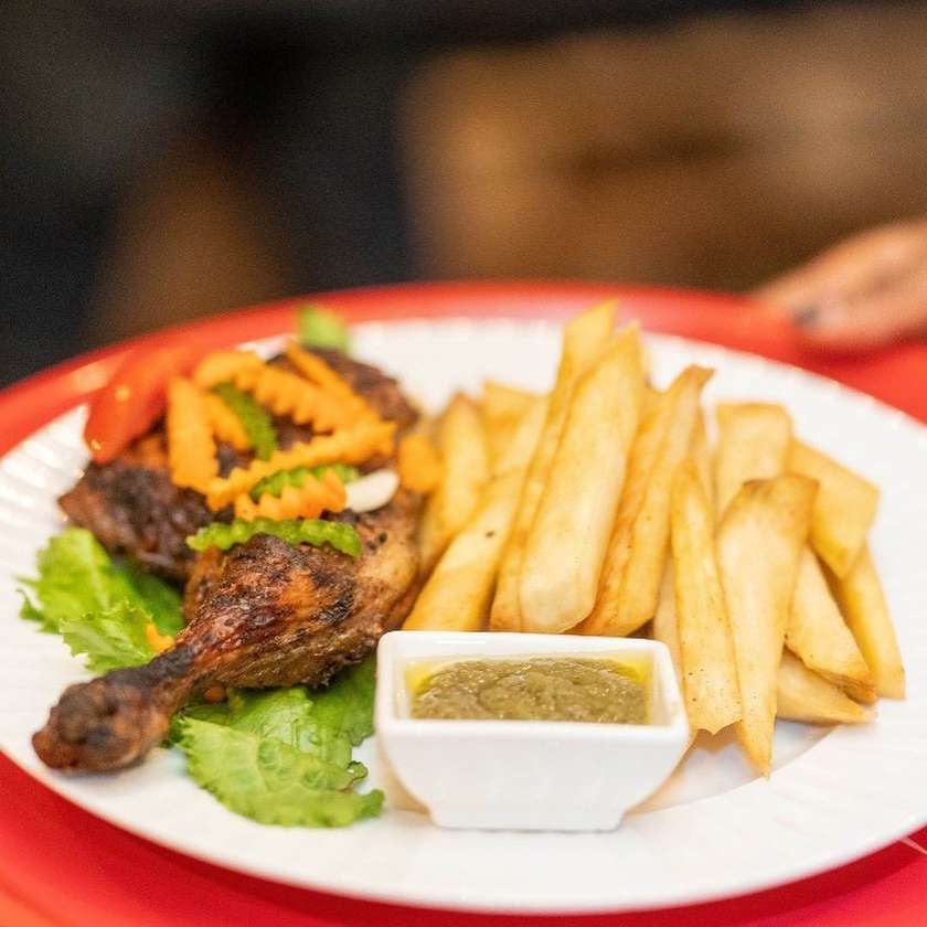 Fried Yam and Grilled Chicken with Green Chilli Sauce & Shito
