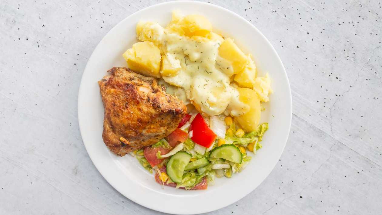 Marinated chicken thigh with boiled potatoes