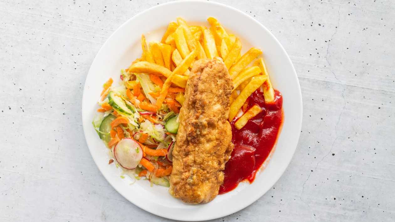 Chicken roll with cheese and french fries