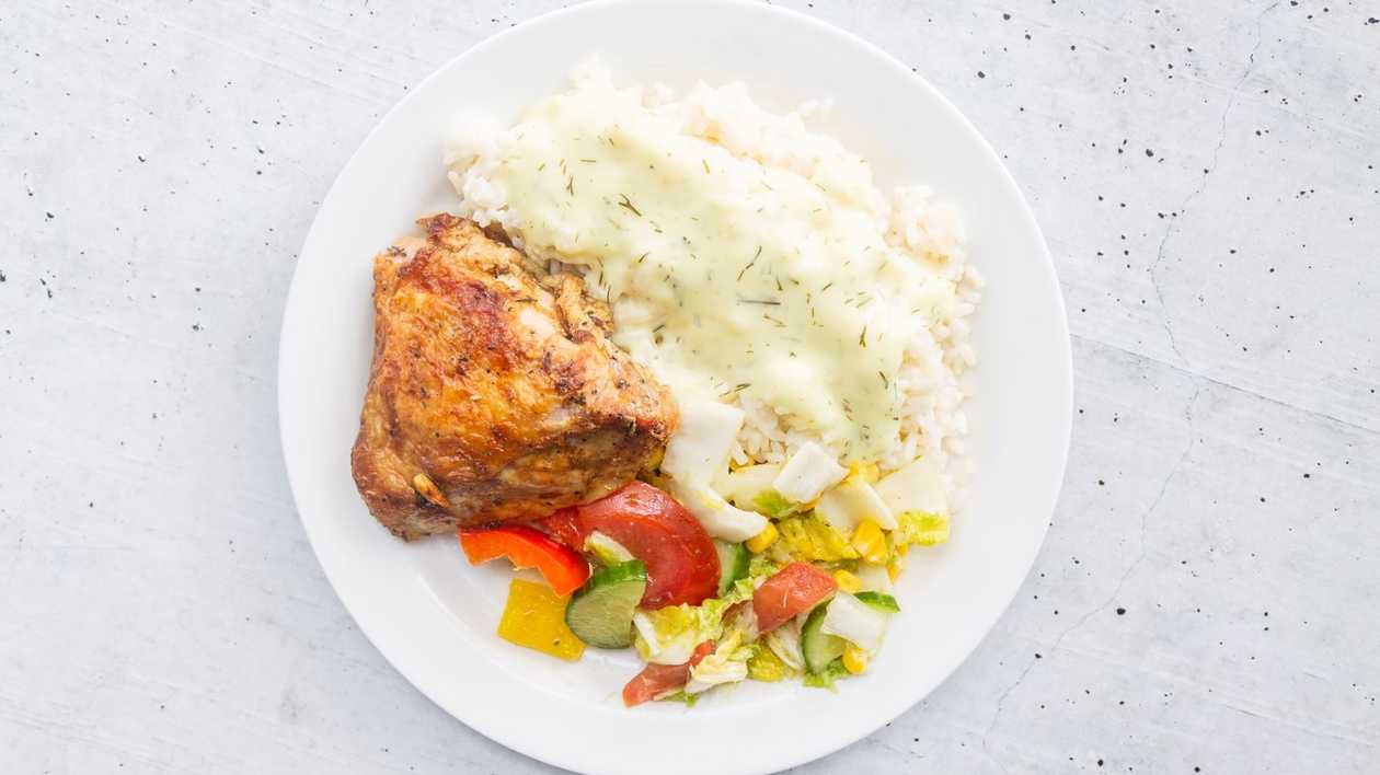 Marinated chicken thigh with boiled rice