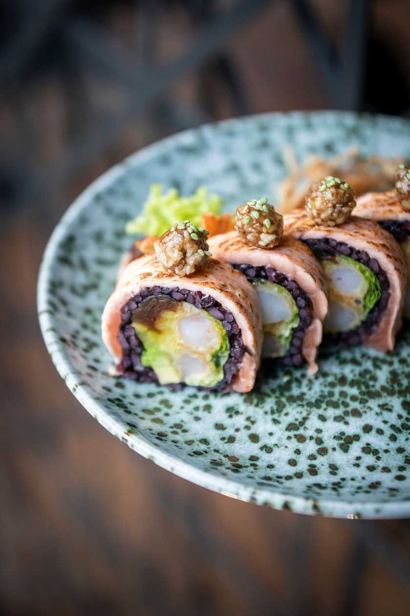 Ebi Ten Kuromai with Shrimp in Tempura and Torched Salmon