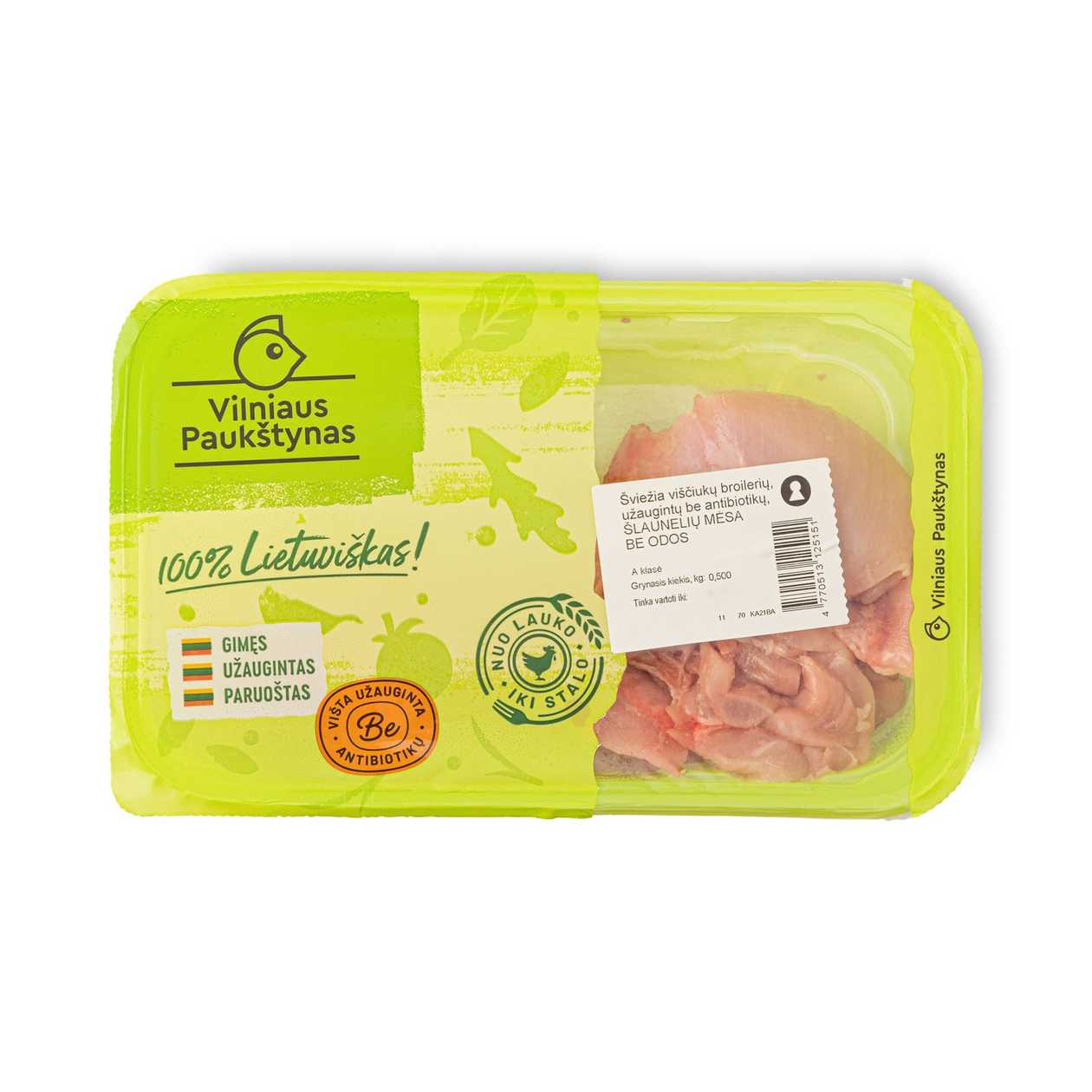 Skinless Fresh Broiler Chicken Thighs without Antibiotics VILNIAUS PAUKŠTYNAS (A kl.), 500g (expires soon)